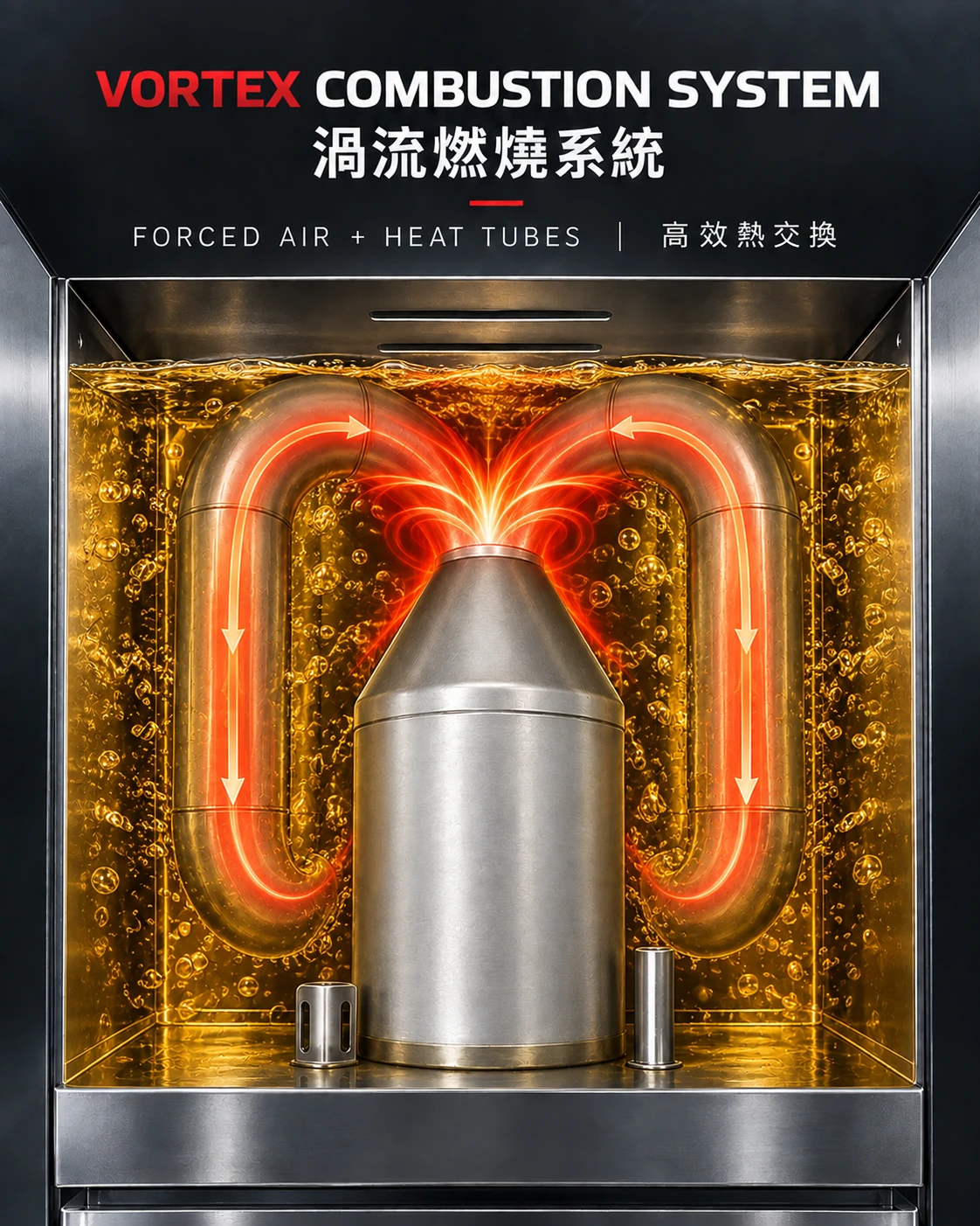 TURBOFRY VORTEX 渦流燃燒系統火管熱交換與高溫氣流技術示意圖