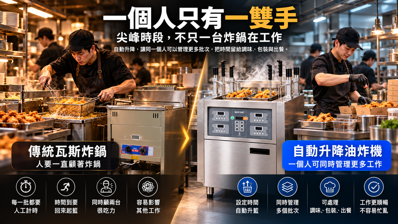 傳統商用炸鍋與四籃自動升降油炸機尖峰工作流程比較